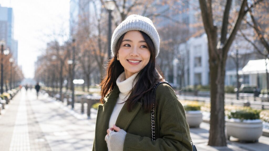 冬の街並みでニット帽をおしゃれにかぶり、自然に着こなしている日本人女性