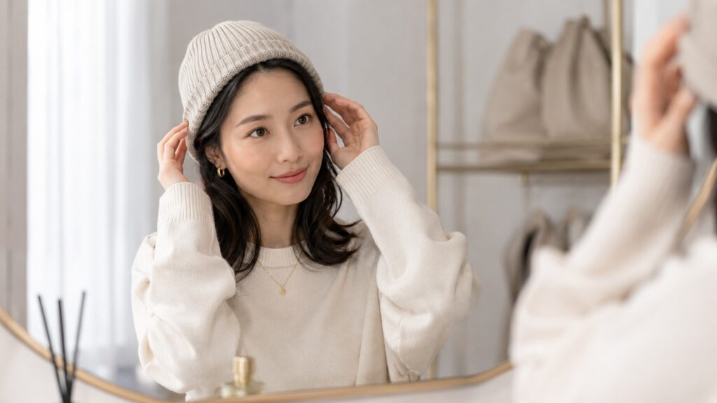 室内でニット帽のかぶり方を整え、バランスを確認している日本人女性