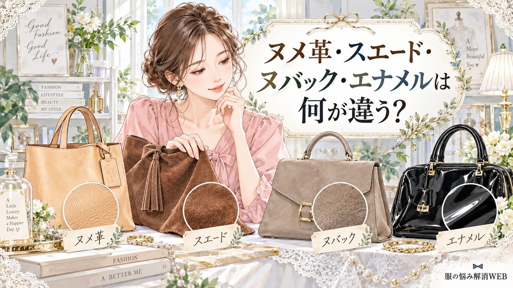 ヌメ革・スエード・ヌバック・エナメルの質感や仕上げの違いを比較する女性のイラスト