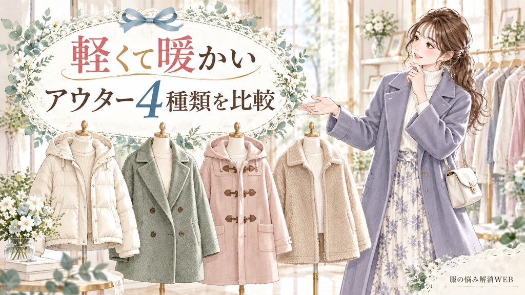 軽くて暖かい4種類のアウターを比較する女性のファッションイラスト