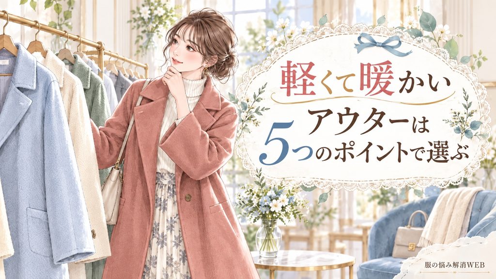 軽くて暖かいアウターを選ぶ5つのポイントを確認する女性のファッションイラスト