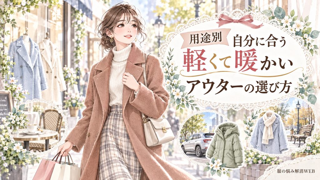 通勤や車移動など用途に合う軽くて暖かいアウターを選ぶ女性のイラスト