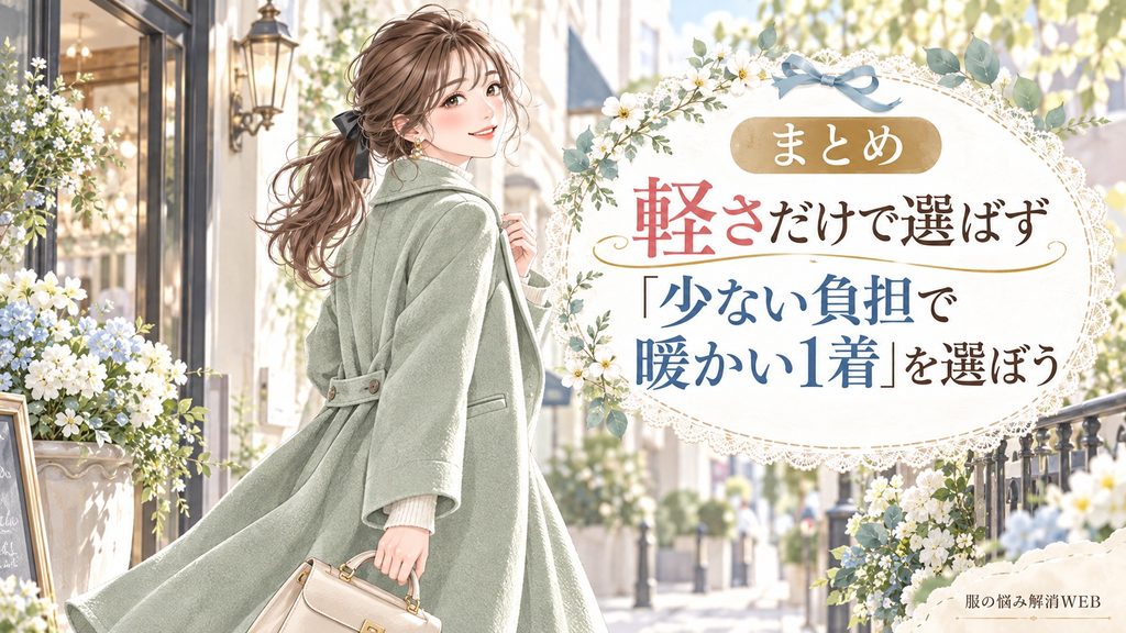 軽くて暖かいコートを選び快適に歩く女性のファッションイラスト
