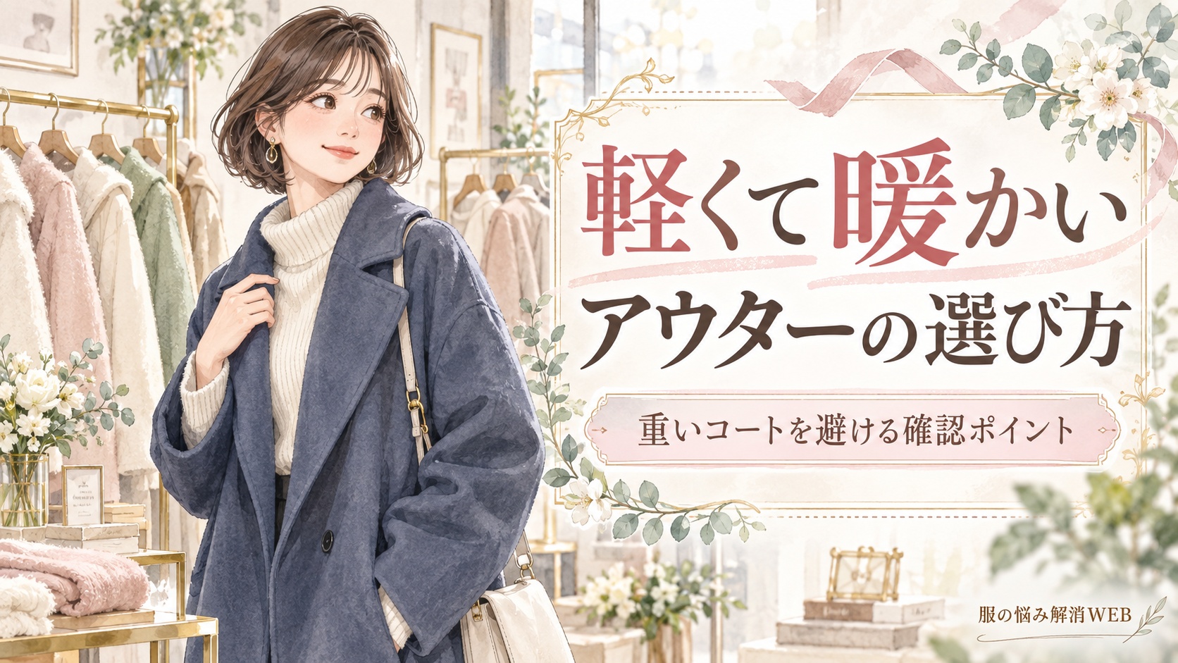 軽くて暖かいアウターの選び方を紹介する、ネイビーのコートを着た女性のファッションイラスト