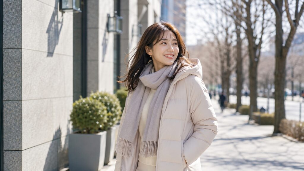 冬の街並みで軽くて暖かいアウターを着て、快適に過ごしている日本人女性