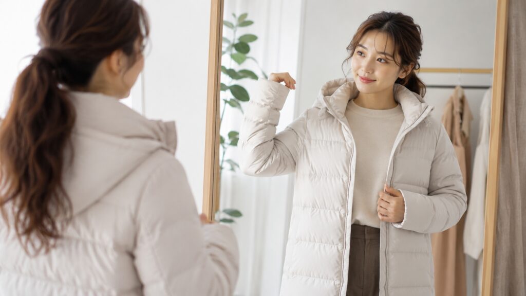 鏡の前で軽量アウターを試着し、動きやすさや着心地を確認している日本人女性