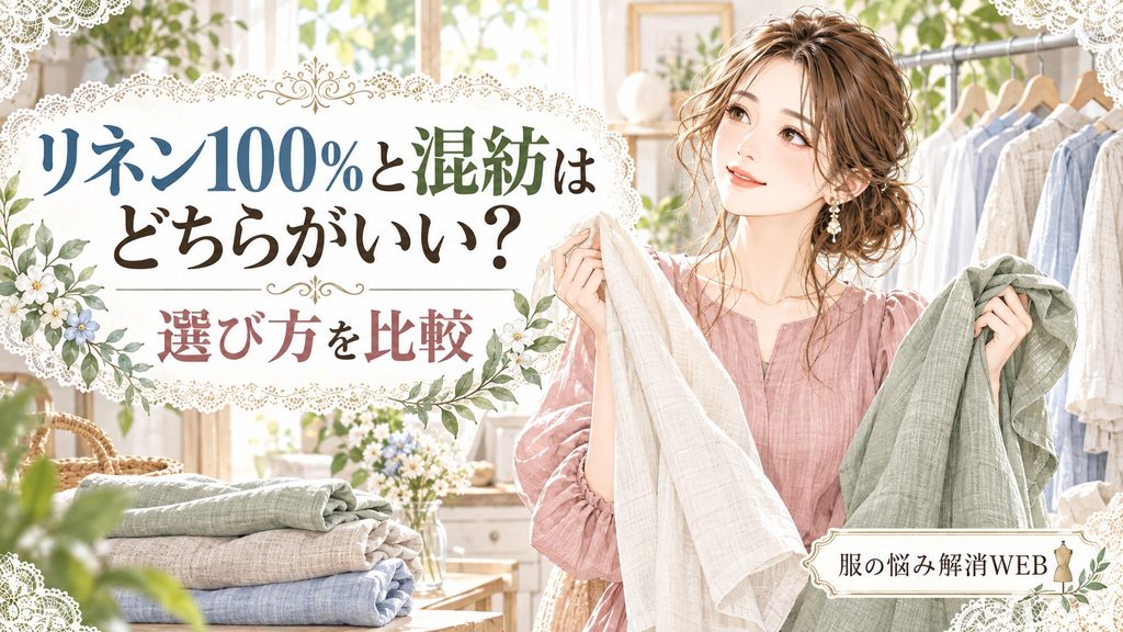 リネン100％と混紡素材を手に取り、違いを比較する女性のイラスト
