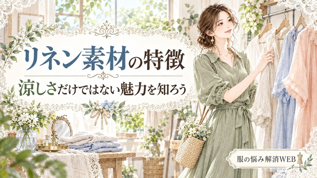 リネン素材の涼しさや風合いなどの特徴を、衣類に触れる女性とともに紹介するイラスト