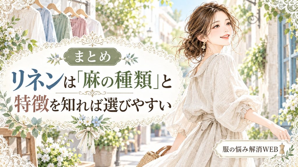 リネン素材の特徴や麻の種類を理解し、明るくリネン服を楽しむ女性のイラスト