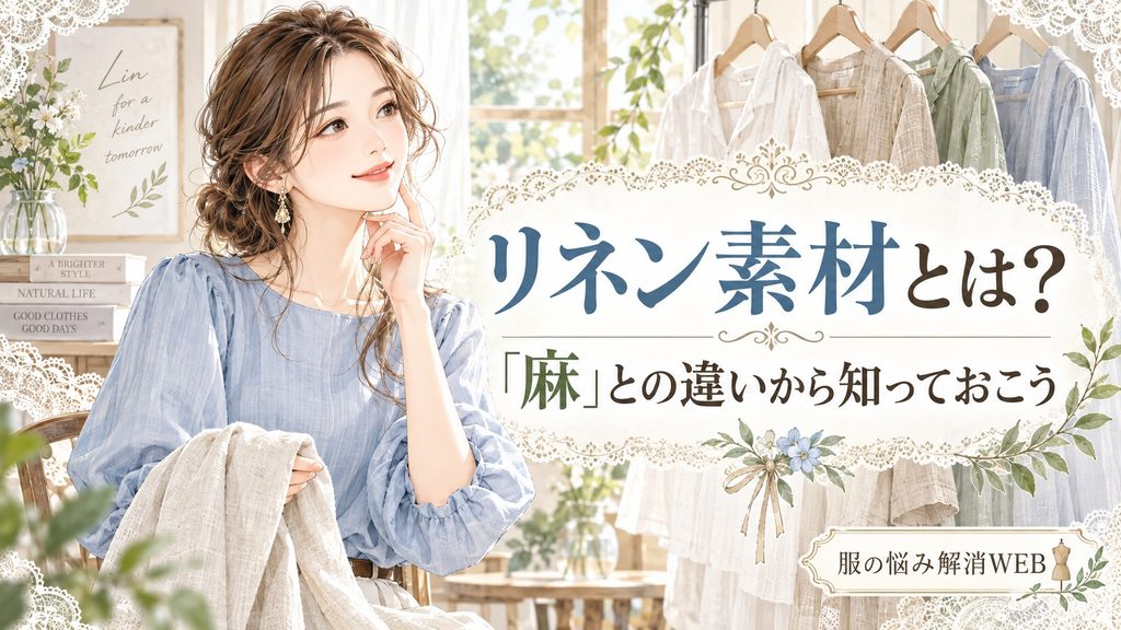 リネン素材と麻の違いを、衣類を見比べる女性とともに紹介するイラスト
