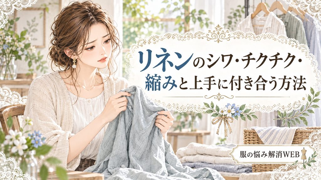 リネン衣類のシワやチクチク感、縮みを気にしながら生地を確認する女性のイラスト