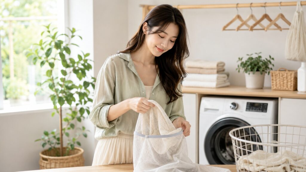 メッシュ素材の服を洗濯ネットに入れてやさしく洗う準備をしている女性