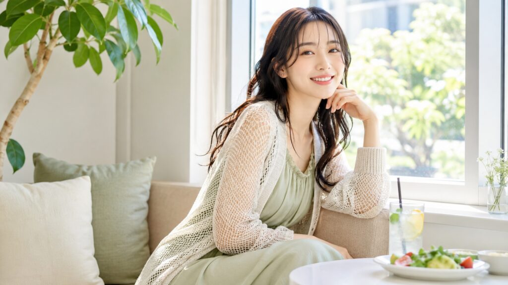 白いメッシュカーディガンを着た女性が明るいカフェで微笑んでいる様子
