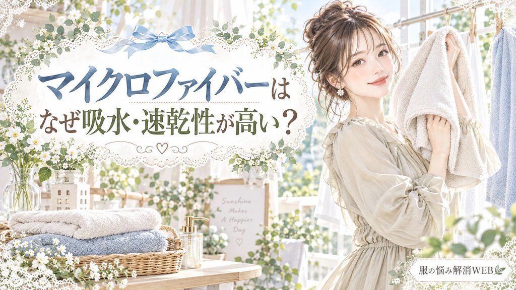マイクロファイバータオルを持つ女性と、吸水性・速乾性の高さをイメージした明るい洗濯シーンのイラスト
