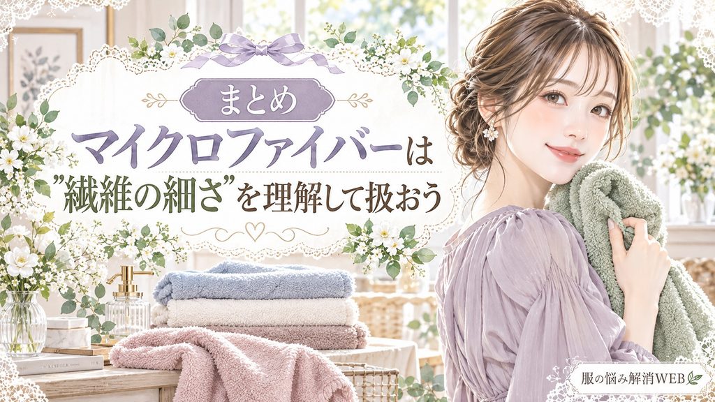 マイクロファイバータオルを手にする女性と、繊維の細さを理解して扱うポイントをまとめたイラスト