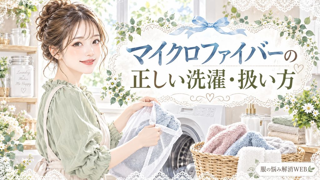 洗濯ネットにマイクロファイバー製品を入れる女性と、正しい洗濯・扱い方を表したイラスト