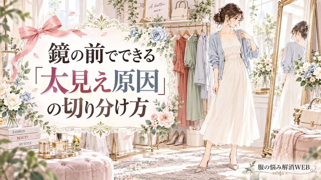 鏡の前で服のシルエットを確認し、太見えの原因を切り分ける女性のイラスト