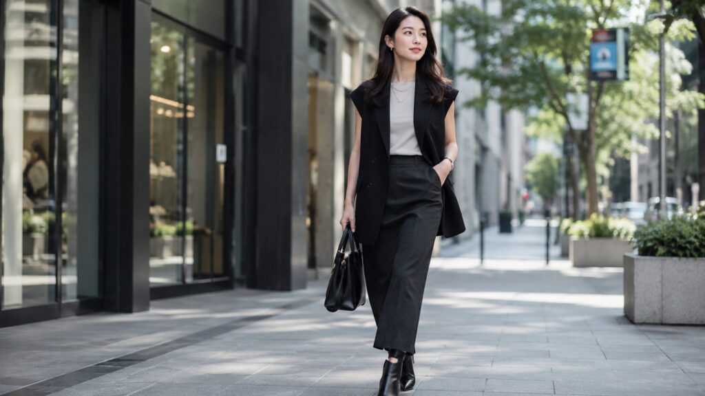 黒のジレとグレーインナーで抜け感を作ったモード系コーデの日本人女性