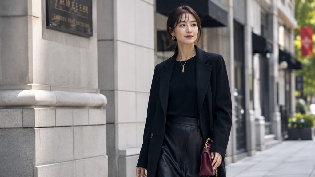 黒ジャケットとレザー調ボトムで洗練されたモード系コーデを着こなす日本人女性