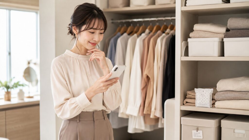クローゼット前で防虫剤の交換管理をスマホで確認する女性