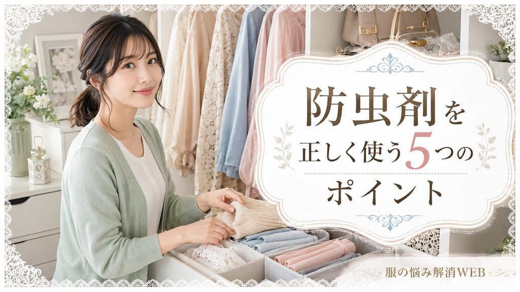 収納ケースに衣類を整理する女性と「防虫剤を正しく使う5つのポイント」の見出し