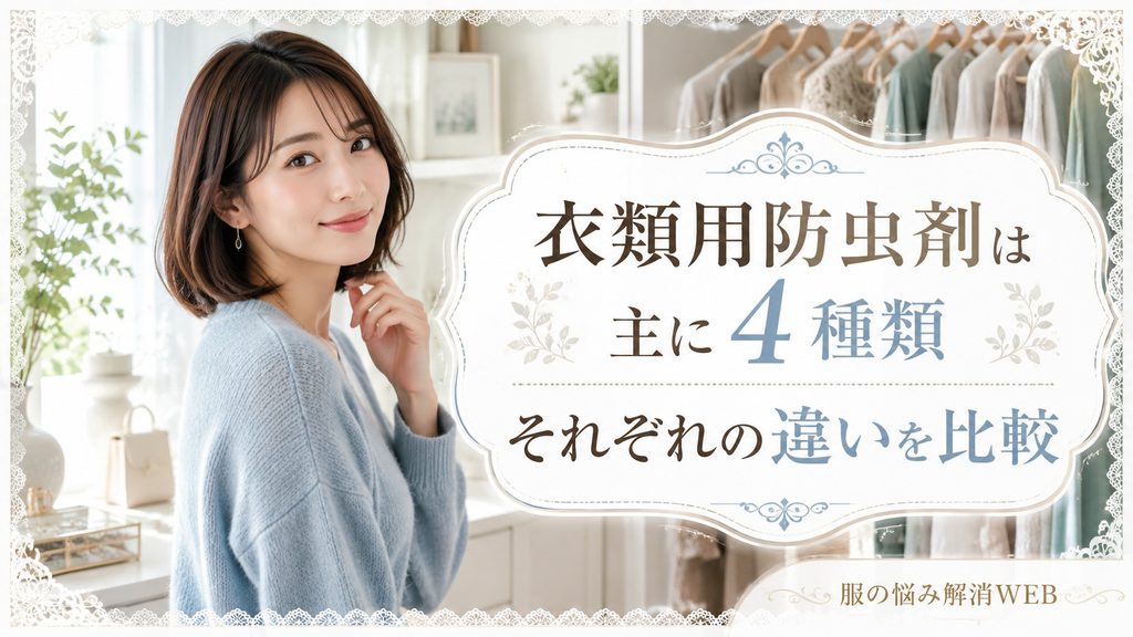 クローゼットの前に立つ女性と「衣類用防虫剤は主に4種類　それぞれの違いを比較」の見出し