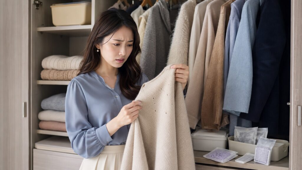 クローゼットで虫食いのあるニットを見つめて困る女性