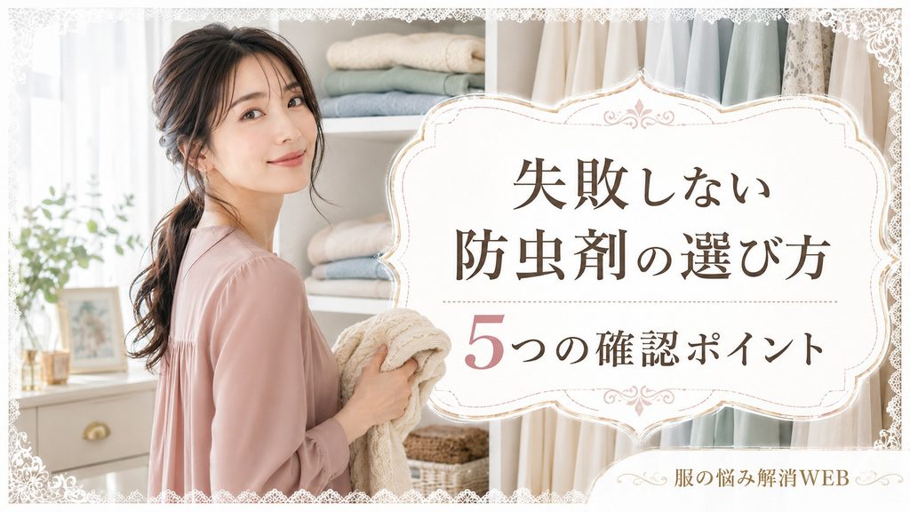 衣類を整理する女性と「失敗しない防虫剤の選び方　5つの確認ポイント」の見出し