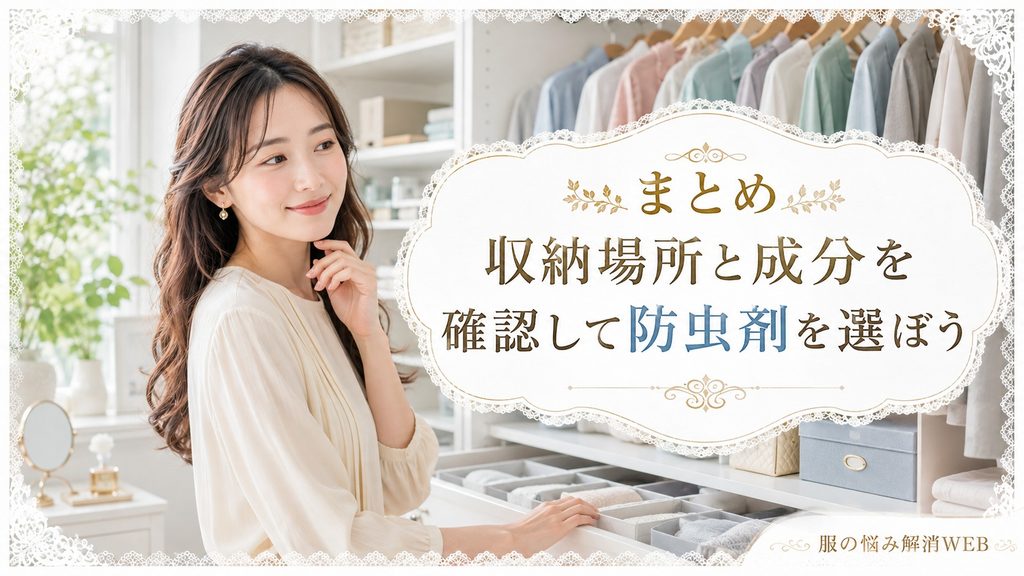 整理されたクローゼットを確認する女性と「収納場所と成分を確認して防虫剤を選ぼう」の見出し