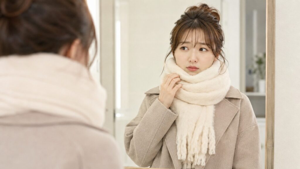 鏡の前でボリュームのあるマフラーを巻き、似合うか気にしている若い日本人女性