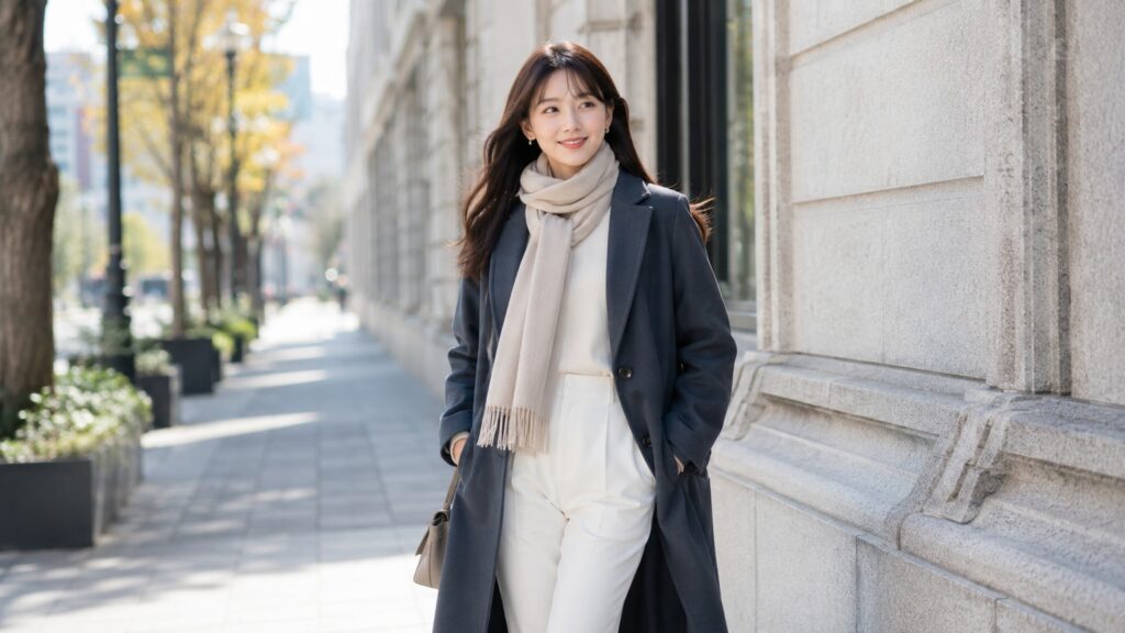 ベージュ系マフラーとネイビーコートを合わせ、冬の街中を上品に歩く若い日本人女性