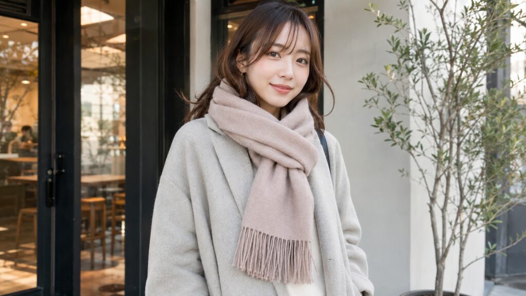 淡いピンクベージュのマフラーをすっきり巻いて、上品に着こなしている若い日本人女性