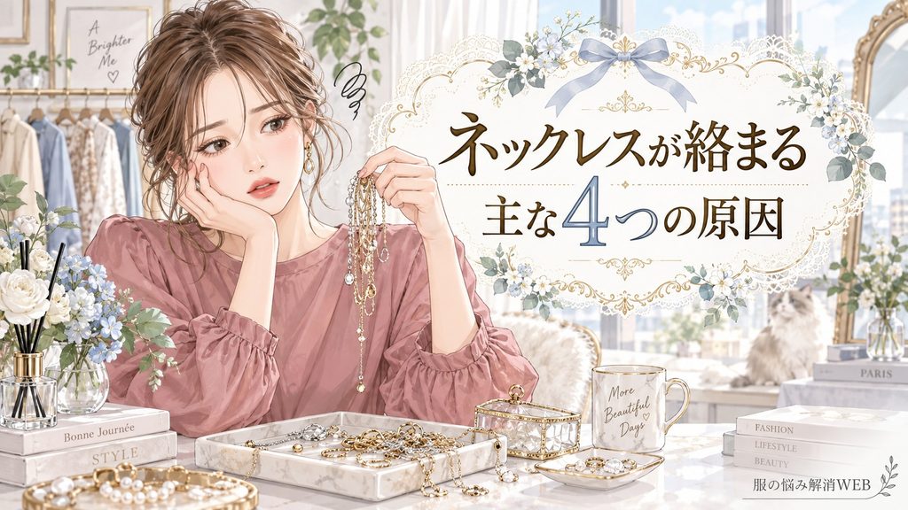 絡まったネックレスを手に持ち、原因に悩む女性とアクセサリー収納を描いたイラスト
