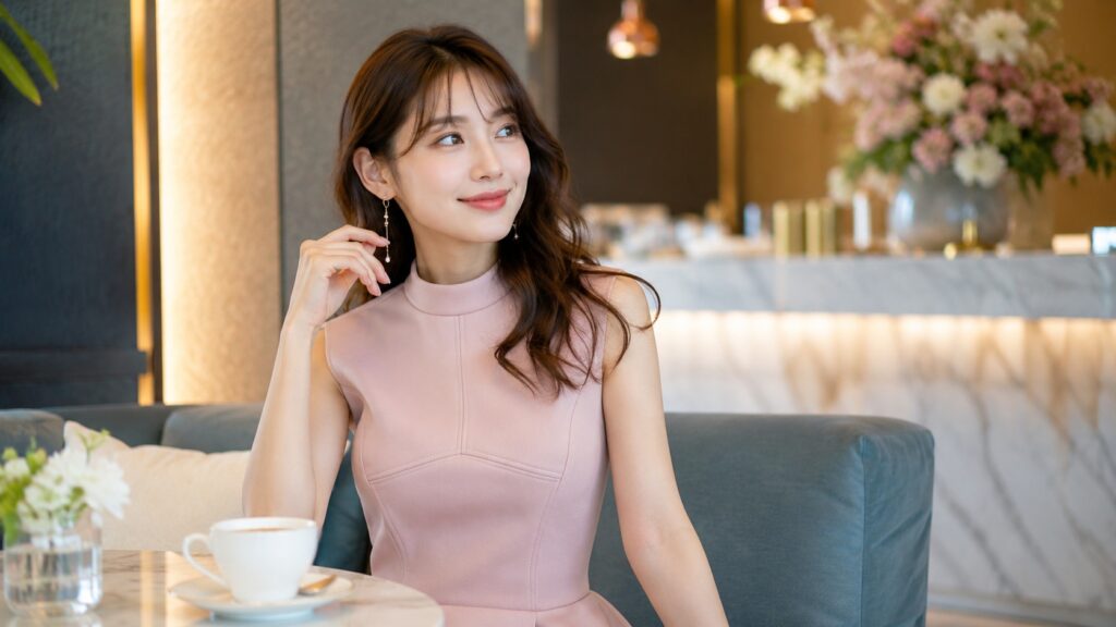 淡いピンクのネオプレン風ワンピースを着た女性がカフェで上品に過ごしている様子