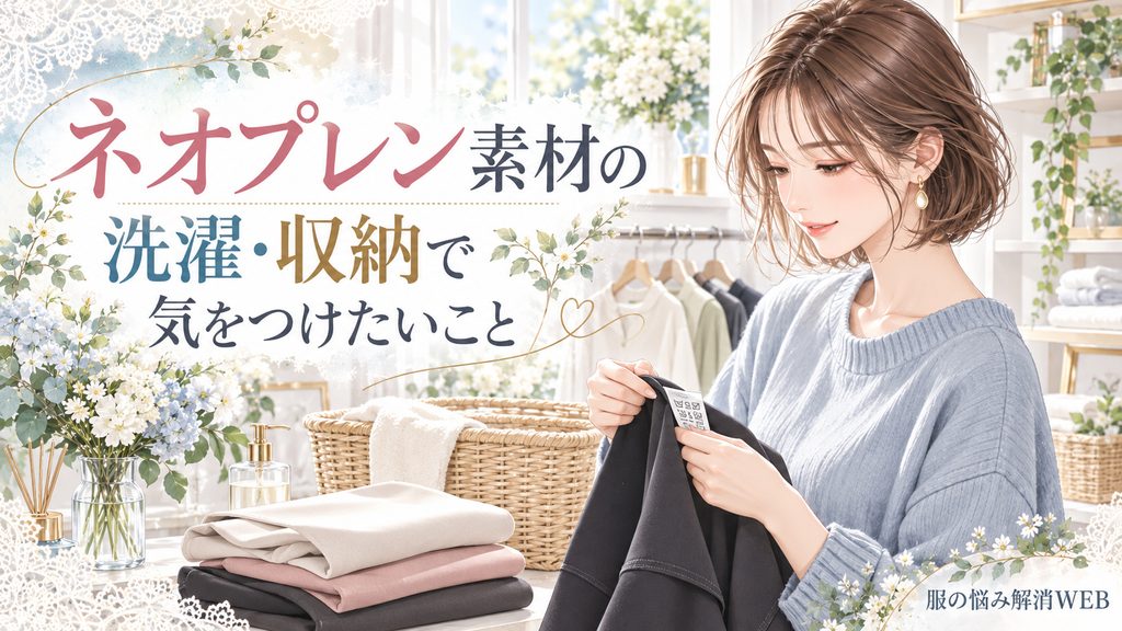 ネオプレン素材の洗濯や収納の注意点をテーマに、洗濯表示を確認しながら衣類を扱う女性を描いたやさしいイラスト