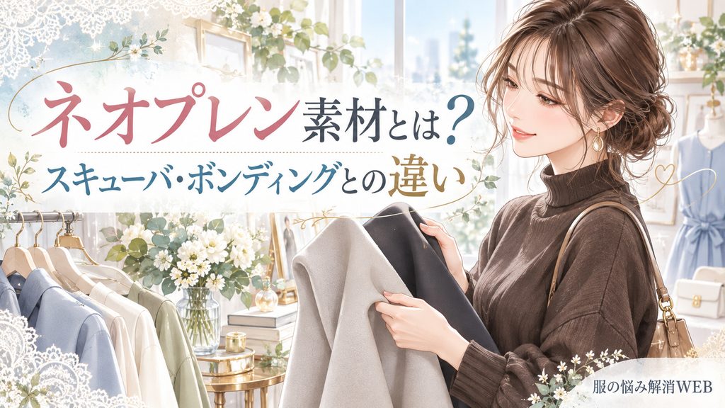 ネオプレン素材とスキューバ・ボンディングの違いをテーマに、店内で厚みのある生地を手に取って確認する女性を描いた華やかなイラスト