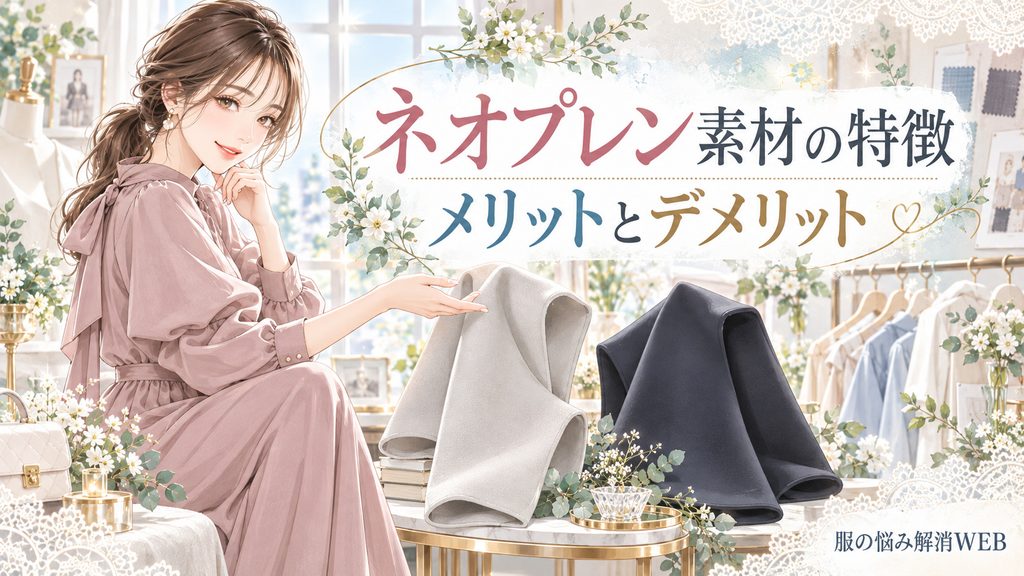 ネオプレン素材の特徴やメリット・デメリットをイメージし、厚みのある生地を比較しながら紹介する女性を描いた上品なイラスト