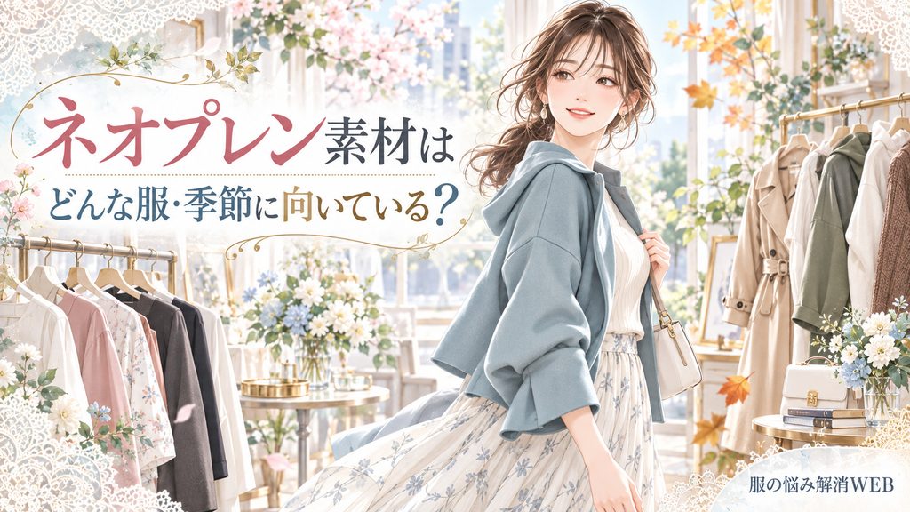 ネオプレン素材がどんな服や季節に向いているかをテーマに、春秋の装いで店内を歩く女性を描いた明るいイラスト