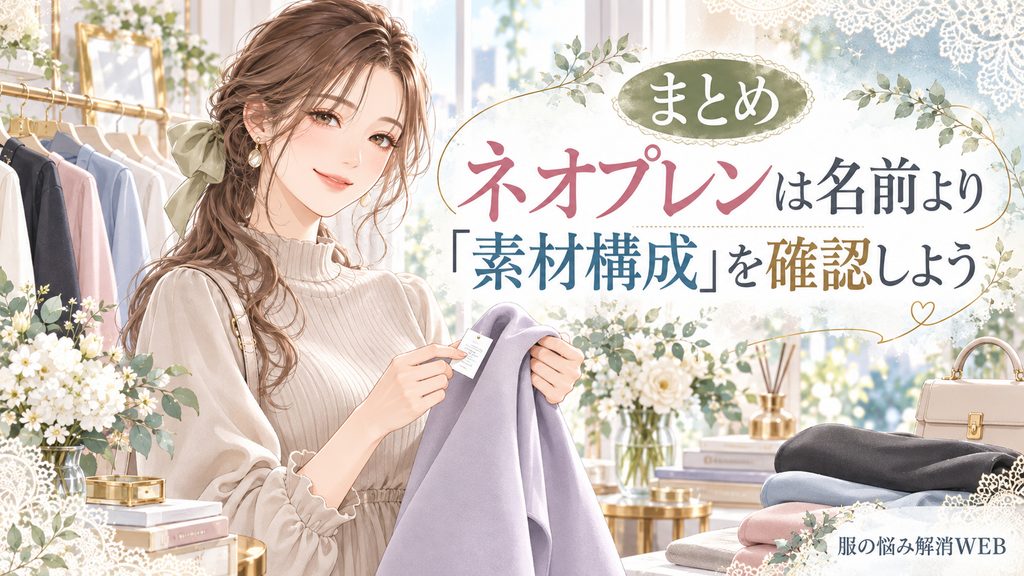 ネオプレン素材は名前より素材構成の確認が大切だと伝えるため、服のタグを確認する女性を描いたまとめ用イラスト