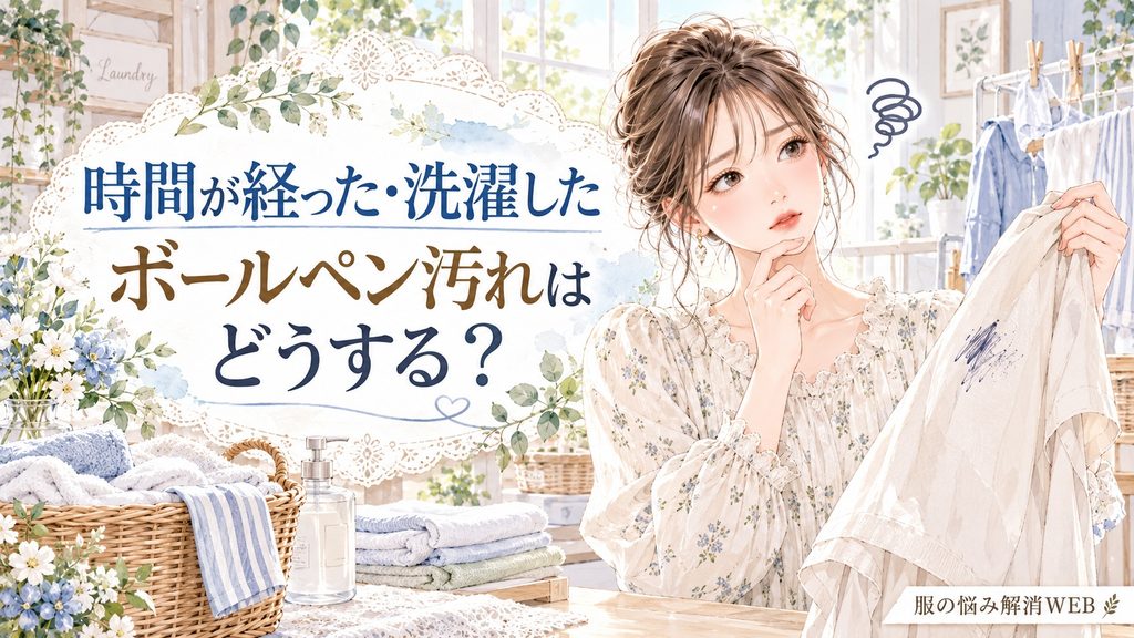 時間が経ったり洗濯後に残ったボールペン汚れを確認する女性のイラスト