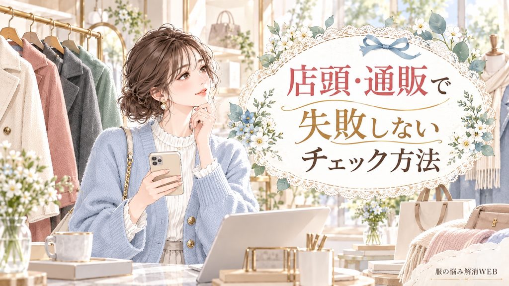 店頭と通販でアウターの商品情報を確認する女性のファッションイラスト