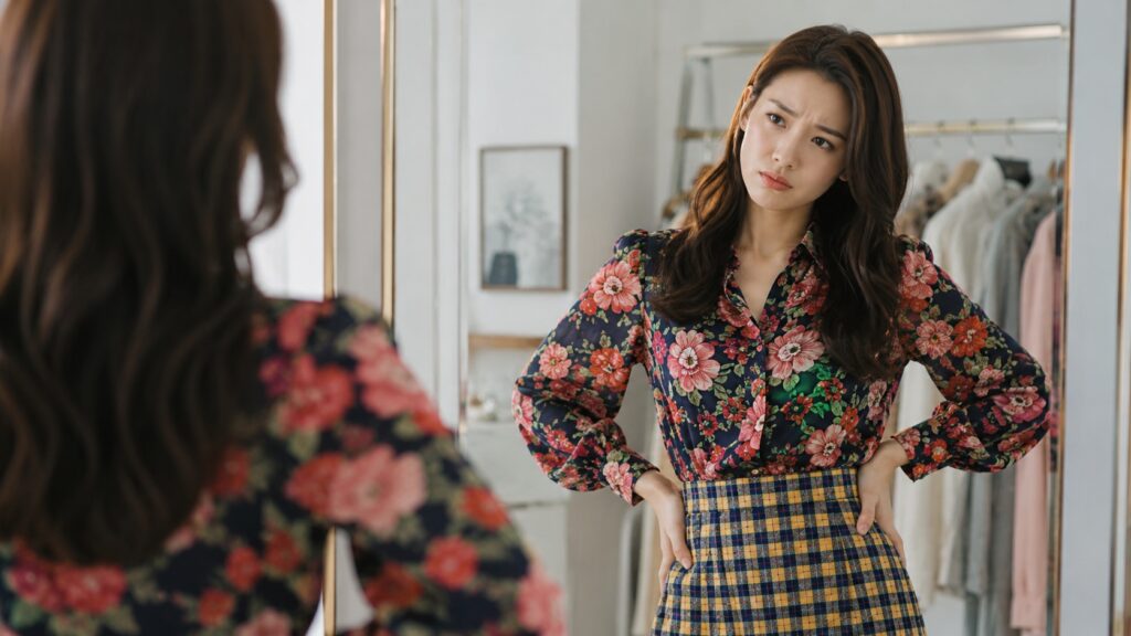 鏡の前で柄×柄コーデを確認し、まとまりに悩んでいる日本人女性