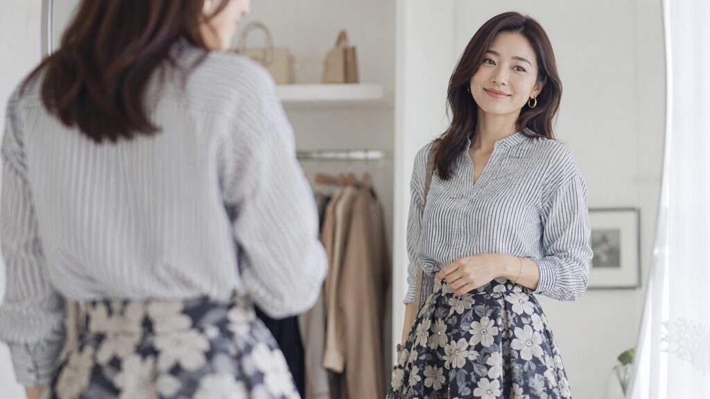 鏡の前でバランスの良い柄×柄コーデを確認している日本人女性