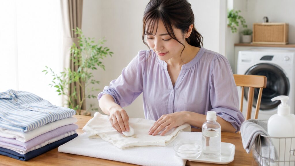 テーブルの上で白い服のボールペン汚れを、布で押さえながら丁寧に対処する若い女性