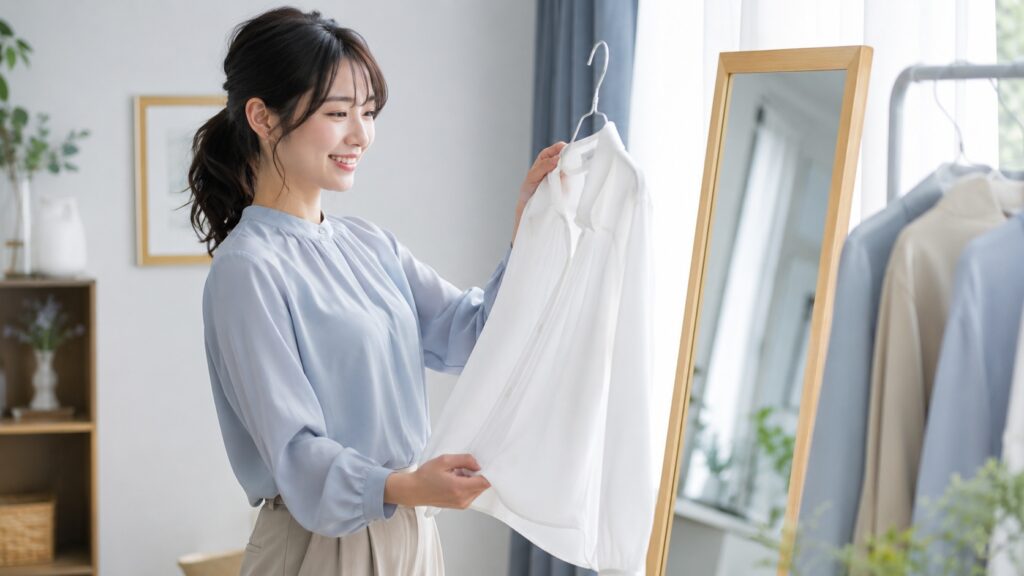 ボールペン汚れのケア後に、きれいになった白い服を確認して安心する若い女性