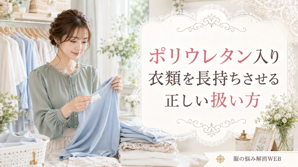 ポリウレタン入り衣類の洗濯表示を確認し正しく扱う女性