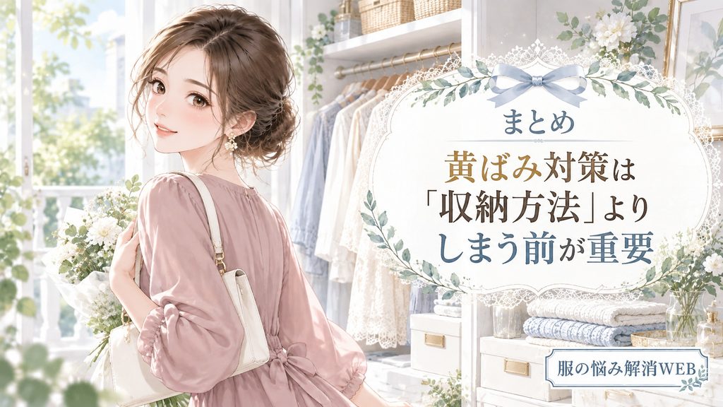 衣類の黄ばみ対策は収納方法よりしまう前のケアが重要だと伝えるイラスト