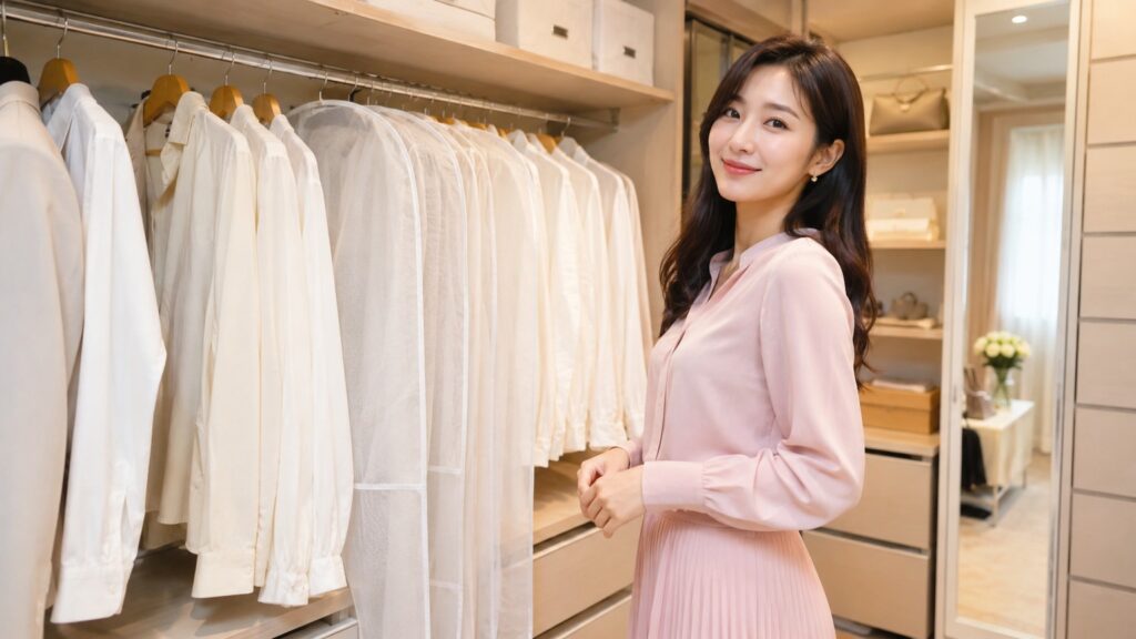 白い服をきれいに整理したクローゼットの前で微笑む女性