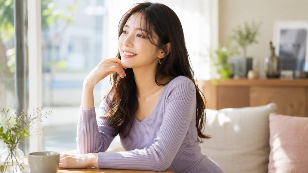 淡いラベンダーのリブトップスを着た女性が明るいカフェで微笑んでいる様子