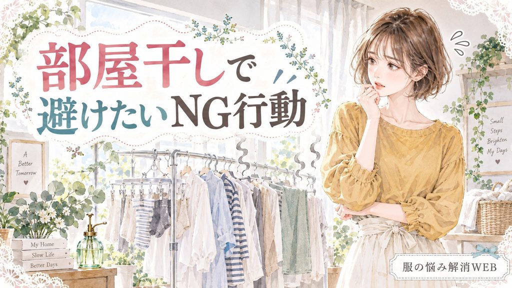 洗濯物を詰めて干した部屋干しのNG例を見て困る女性のイラスト
